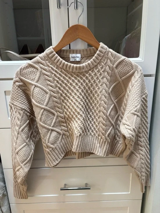 Aritzia Beige Cable-Knit Cropped Crewneck Sweater - Picture 1 of 4